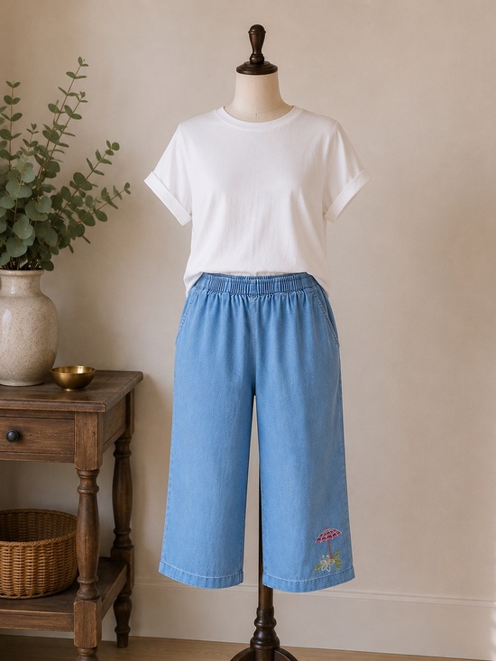 Alia Pants - Vintage Alia Sport Chambray Capri Pants Embroidered 100% Cotton Elastic Waist L